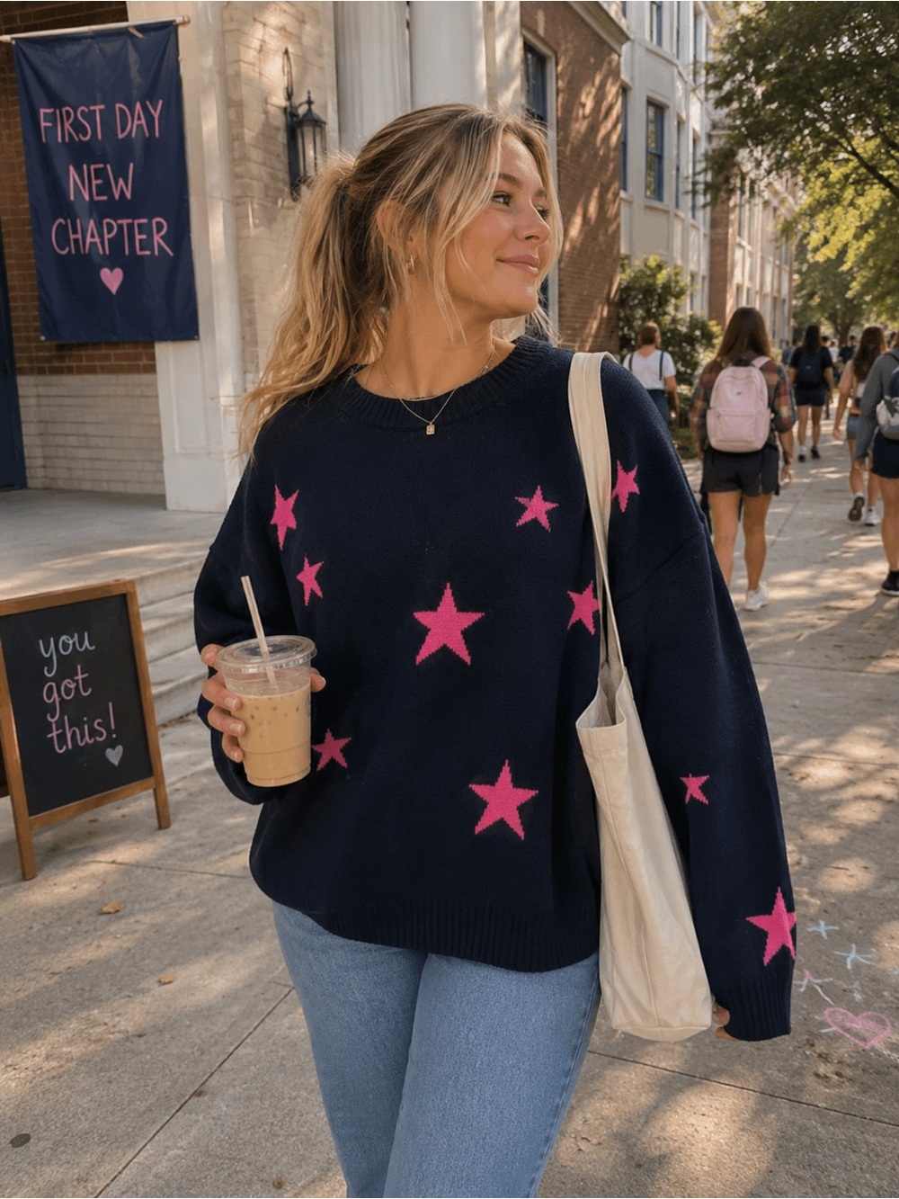 NWOT Navy Pink Star Oversized Large Crewneck Sweater Cozy Statement Piece